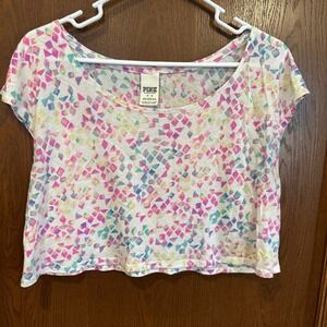 PINK Victoria's Secret Cropped T Shirt Top Colorful Diamond Print Women's M